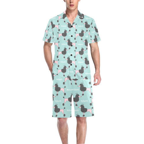 poodle dog green background Men's V-Neck Short Pajama Set