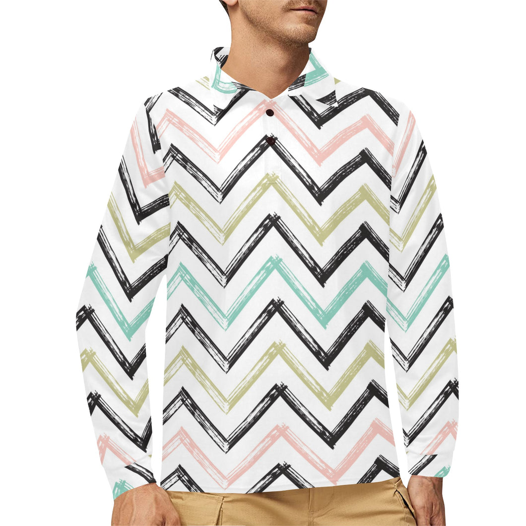 zigzag chevron paint pattern Men's Long Sleeve Polo Shirt