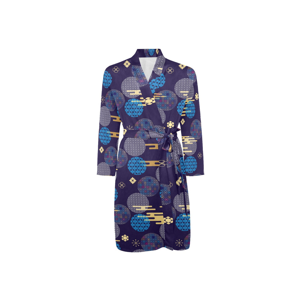 Blue japanese pattern cloud wave flower Men's Long Sleeve Belted Night Robe