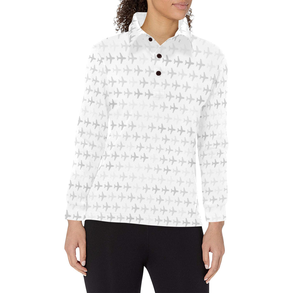 Airplane print pattern Women's Long Sleeve Polo Shirt