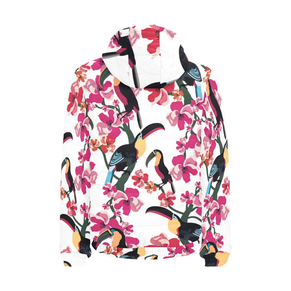 Toucan flower design pattern Men's Padded Hooded Jacket