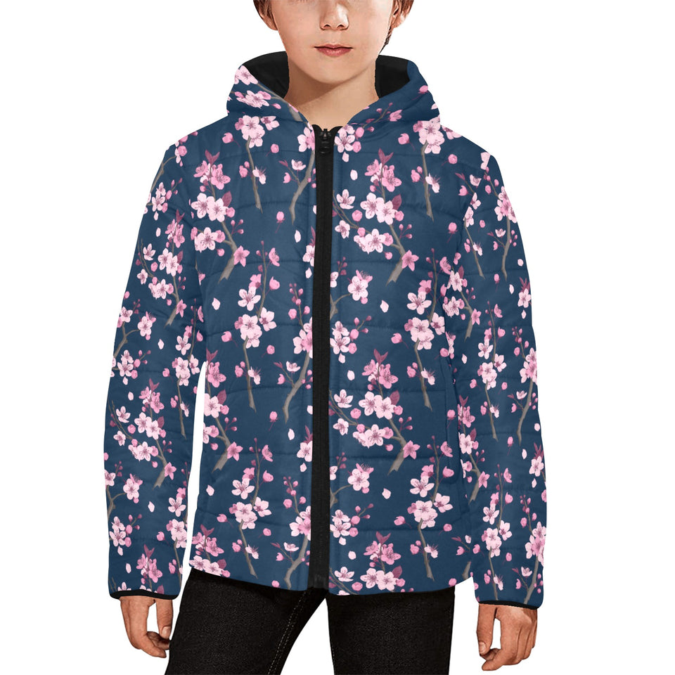 Pink sakura cherry blossom blue background Kids' Boys' Girls' Padded Hooded Jacket