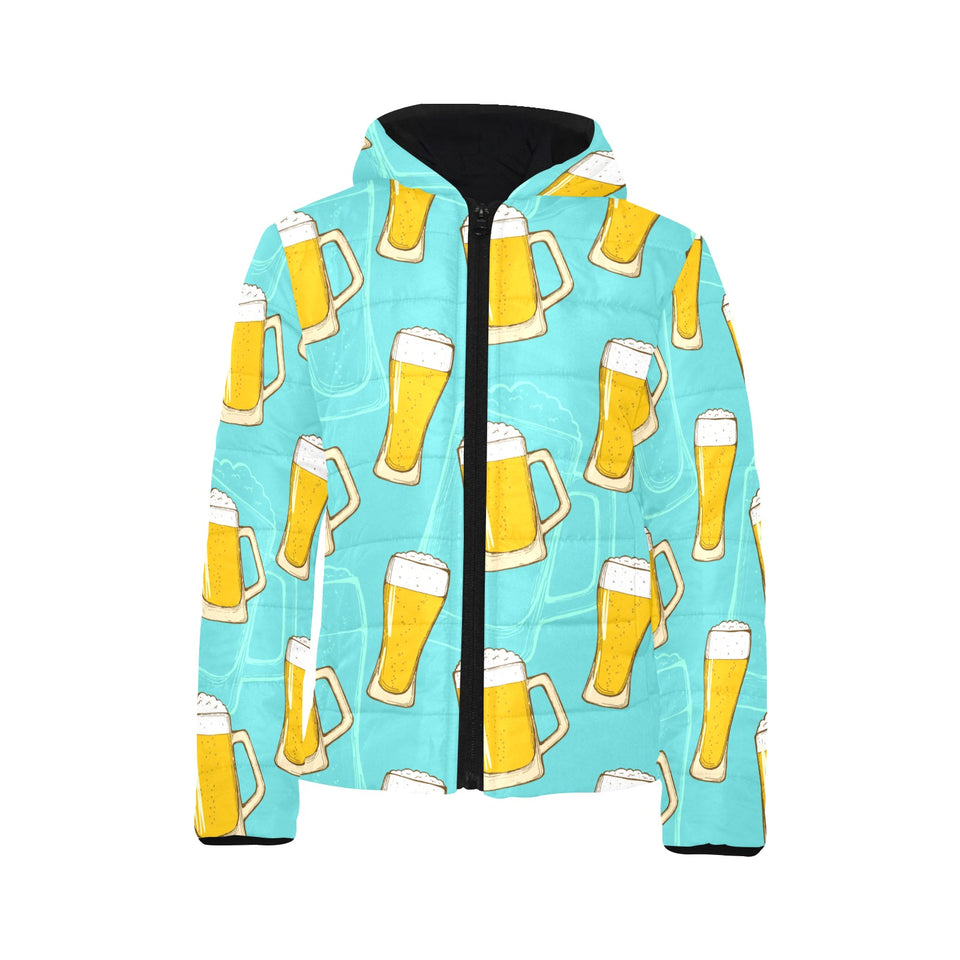 Beer pattern green background Kids' Boys' Girls' Padded Hooded Jacket