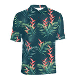 heliconia flowers, palm and monstera leaves on bla Men's All Over Print Polo Shirt