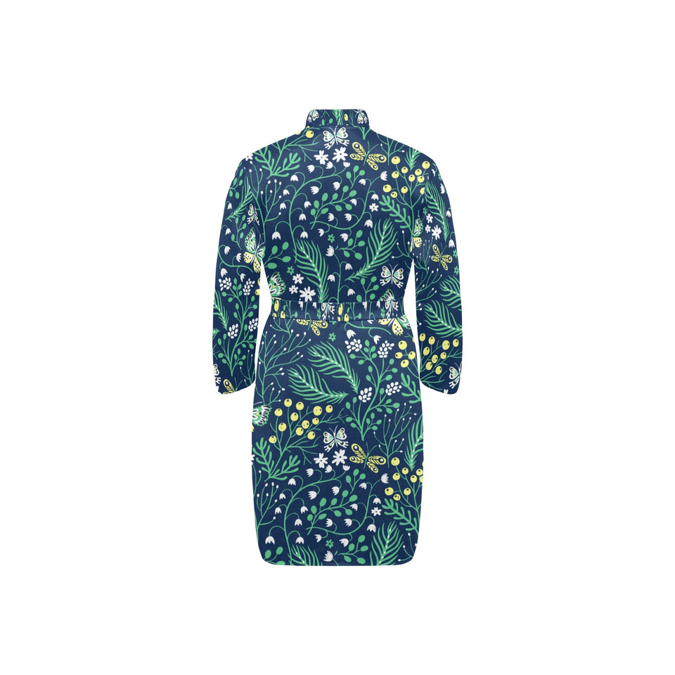 butterfly leaves pattern Men's Long Sleeve Belted Night Robe