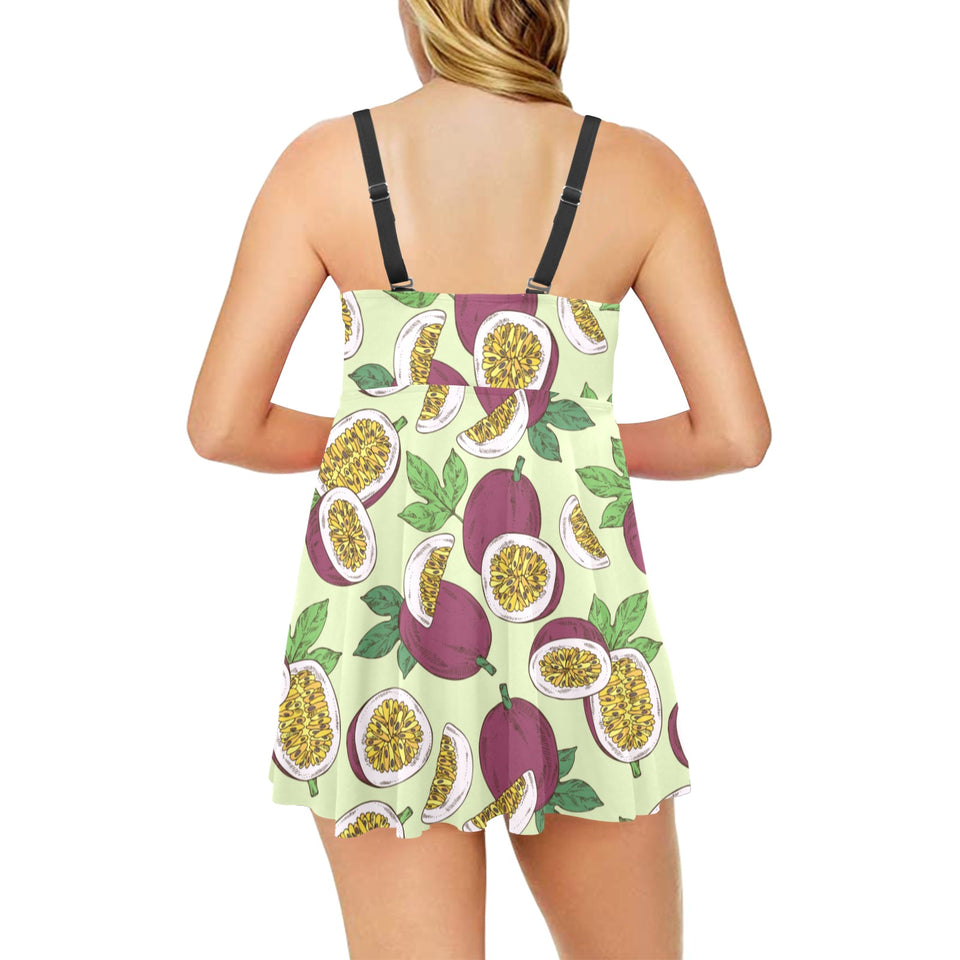 Paassion fruit pattern Chest Sexy Pleated Two Piece Swim Dress