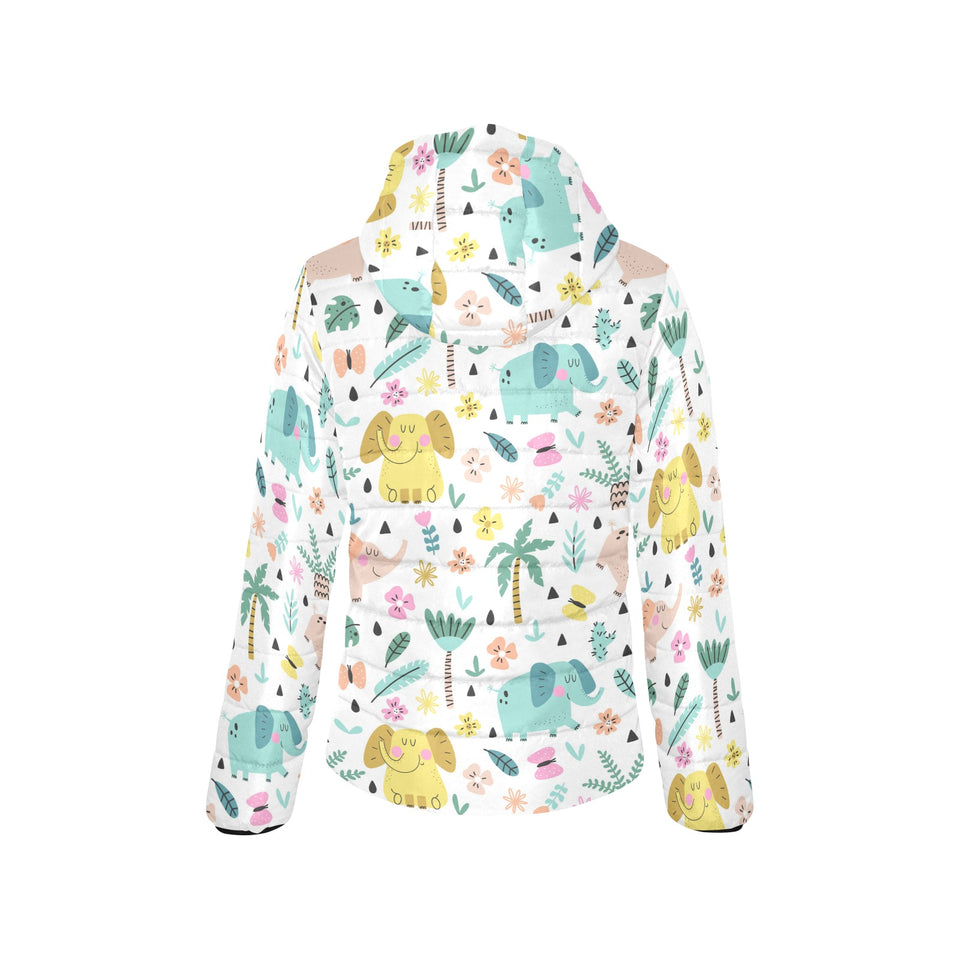 Cute elephants palm tree flower butterfly pattern Women's Padded Hooded Jacket