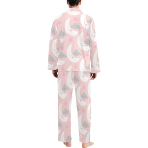 Cute moon cloud star pattern pink dot background Men's Long Pajama Set