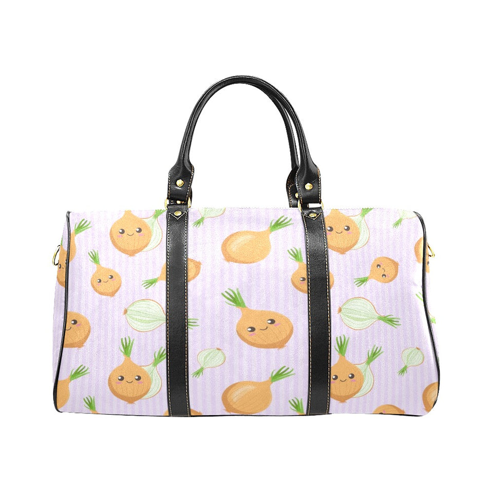 cute onions smiling faces purple background Travel Bag