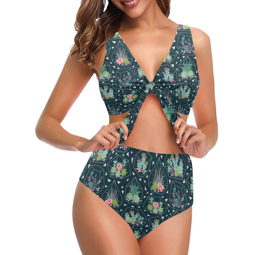 Cactus glass terrarium pattern Chest Bowknot High Waisted Bikini Swimsuit