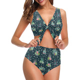 Cactus glass terrarium pattern Chest Bowknot High Waisted Bikini Swimsuit