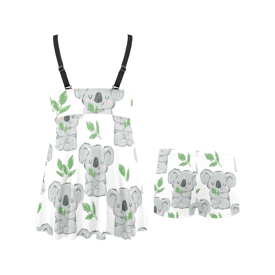 Hand drawn Koala leaves pattern Chest Sexy Pleated Two Piece Swim Dress