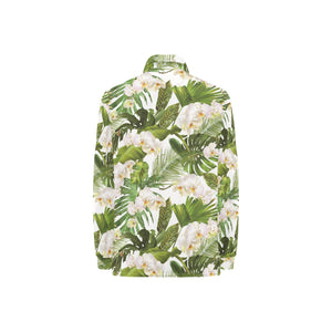 White orchid flower tropical leaves pattern Women's Long Sleeve Polo Shirt