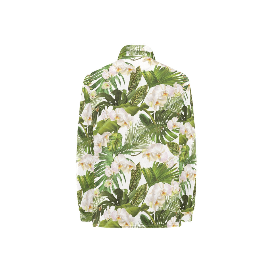 White orchid flower tropical leaves pattern Women's Long Sleeve Polo Shirt