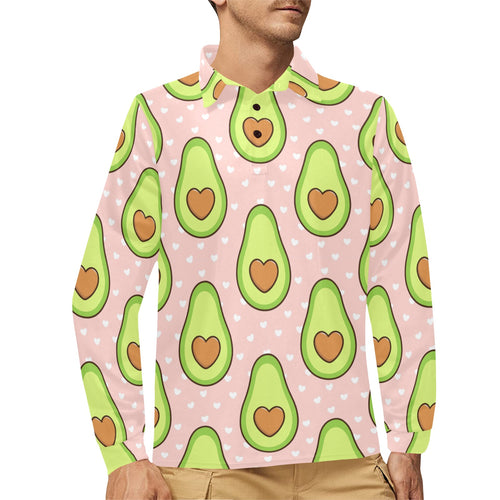 Avocado heart pink background Men's Long Sleeve Polo Shirt