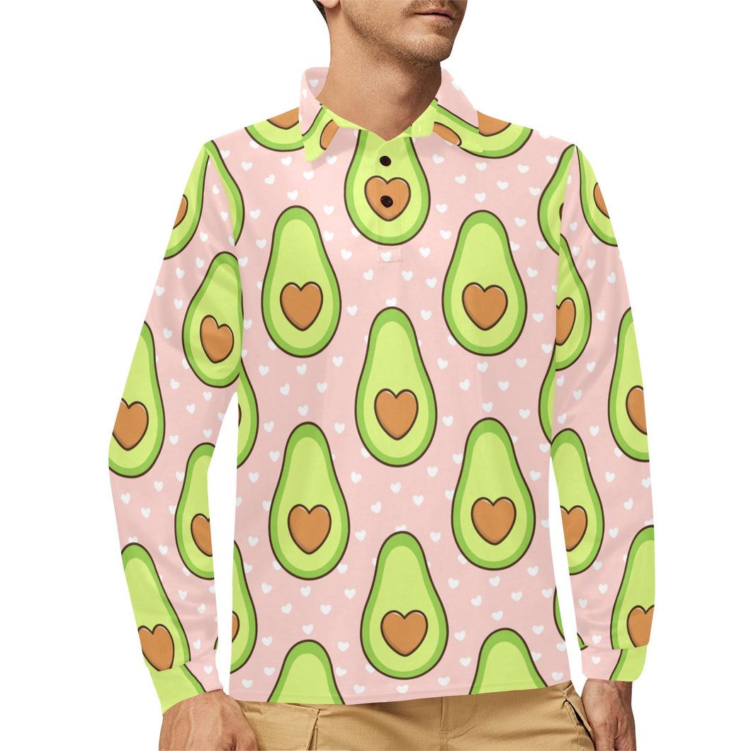 Avocado heart pink background Men's Long Sleeve Polo Shirt