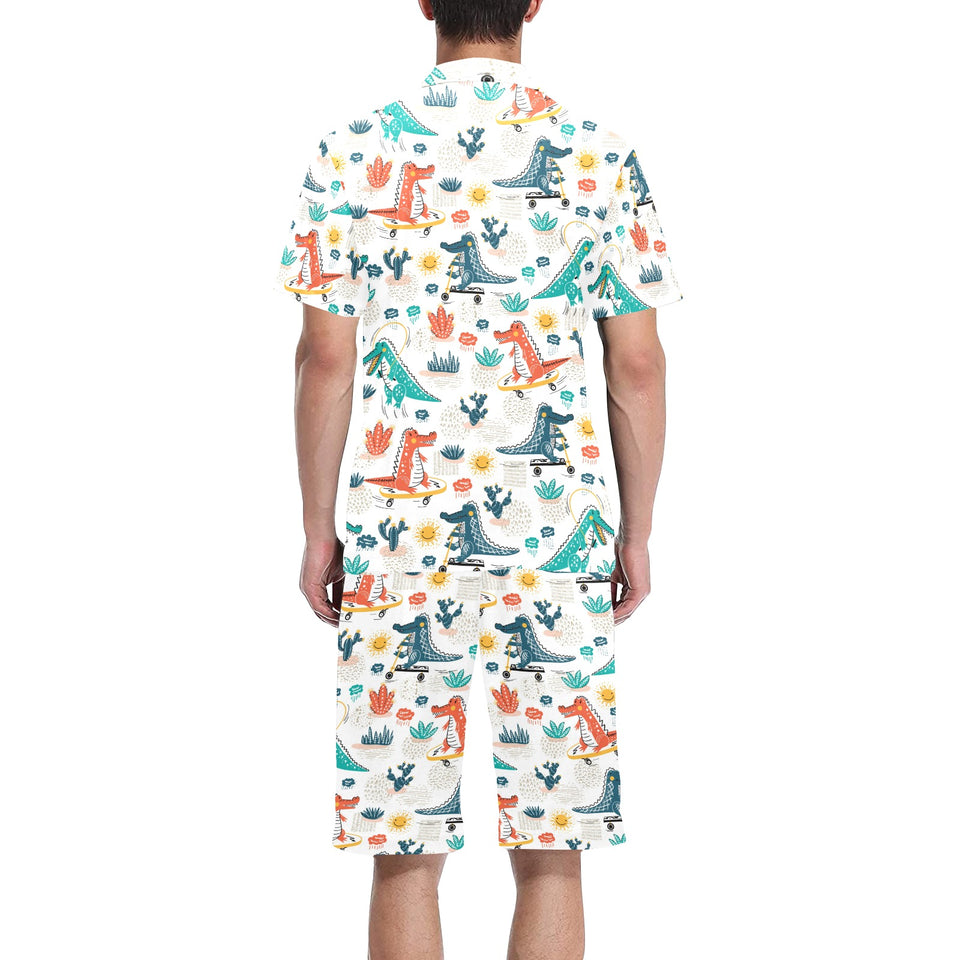 Cute Crocodile Pattern Men's V-Neck Short Pajama Set