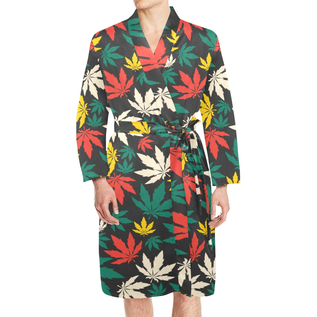 Canabis Marijuana Weed Pattern Print Design 02 Men's Long Sleeve Belted Night Robe