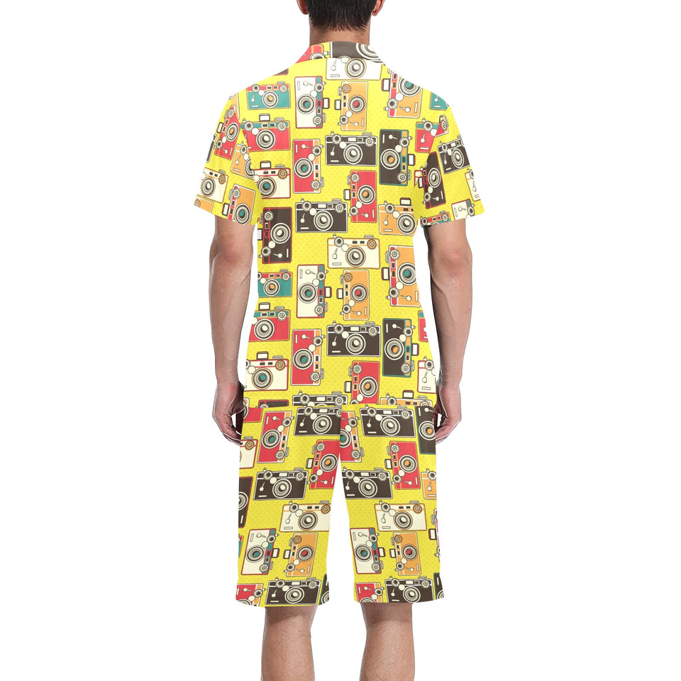 Camera Pattern Print Design 02 Men's V-Neck Short Pajama Set