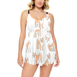 shiba inu dog pattern Chest Sexy Pleated Two Piece Swim Dress