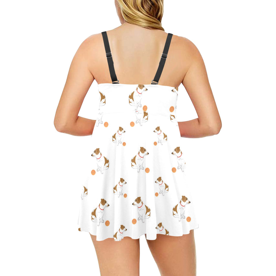 Jack Russel Pattern Print Design 05 Chest Sexy Pleated Two Piece Swim Dress