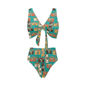 Camera Pattern Print Design 03 Chest Bowknot High Waisted Bikini Swimsuit