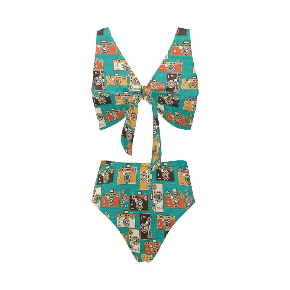 Camera Pattern Print Design 03 Chest Bowknot High Waisted Bikini Swimsuit