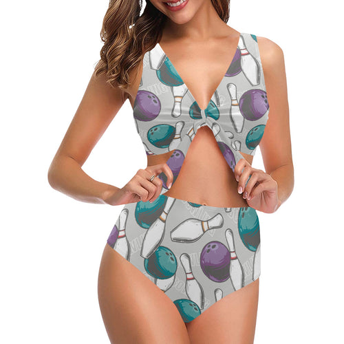 Bowling ball and pin gray background Chest Bowknot High Waisted Bikini Swimsuit