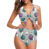 Bowling ball and pin gray background Chest Bowknot High Waisted Bikini Swimsuit