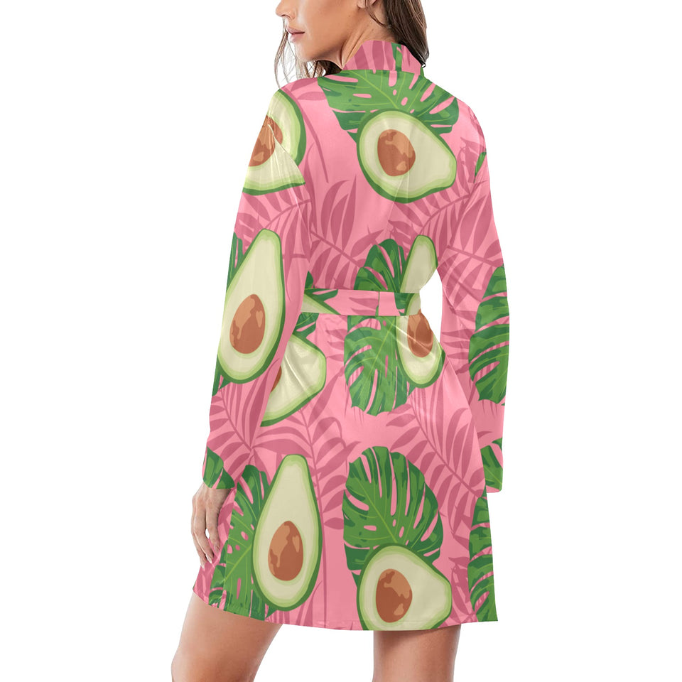 Avocado slices leaves pink back ground Women's Long Sleeve Belted Night Robe