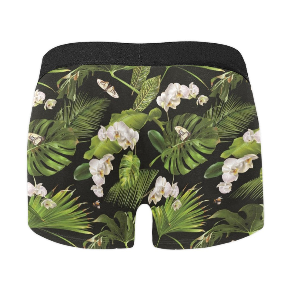 White orchid flower tropical leaves pattern blackg Men's All Over Print Boxer Briefs Men's Underwear