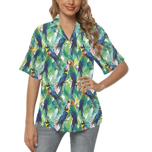 Colorful parrot exotic flower leaves Women's All Over Print Hawaiian Shirt