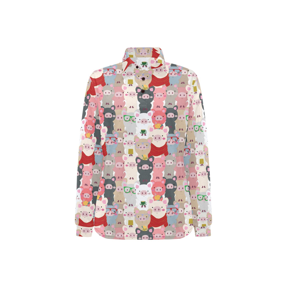 Pig Pattern Print Design 02 Women's Long Sleeve Polo Shirt