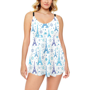 Blue Eiffel Tower Theme Pattern Print Design 01 Chest Sexy Pleated Two Piece Swim Dress