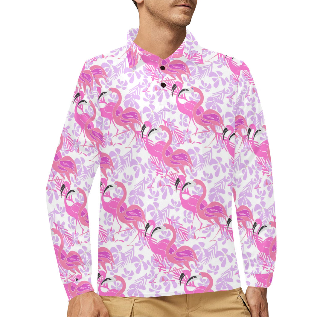 Pink flamingo flower pattern Men's Long Sleeve Polo Shirt
