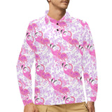Pink flamingo flower pattern Men's Long Sleeve Polo Shirt