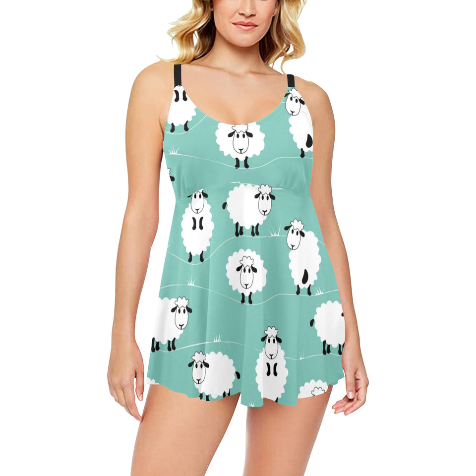 Cute sheep green background Chest Sexy Pleated Two Piece Swim Dress