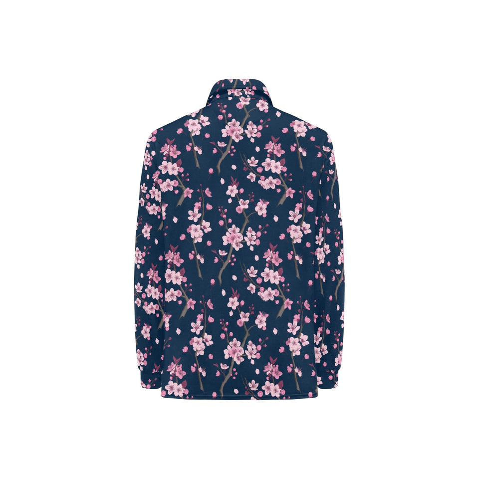 Pink sakura cherry blossom blue background Women's Long Sleeve Polo Shirt