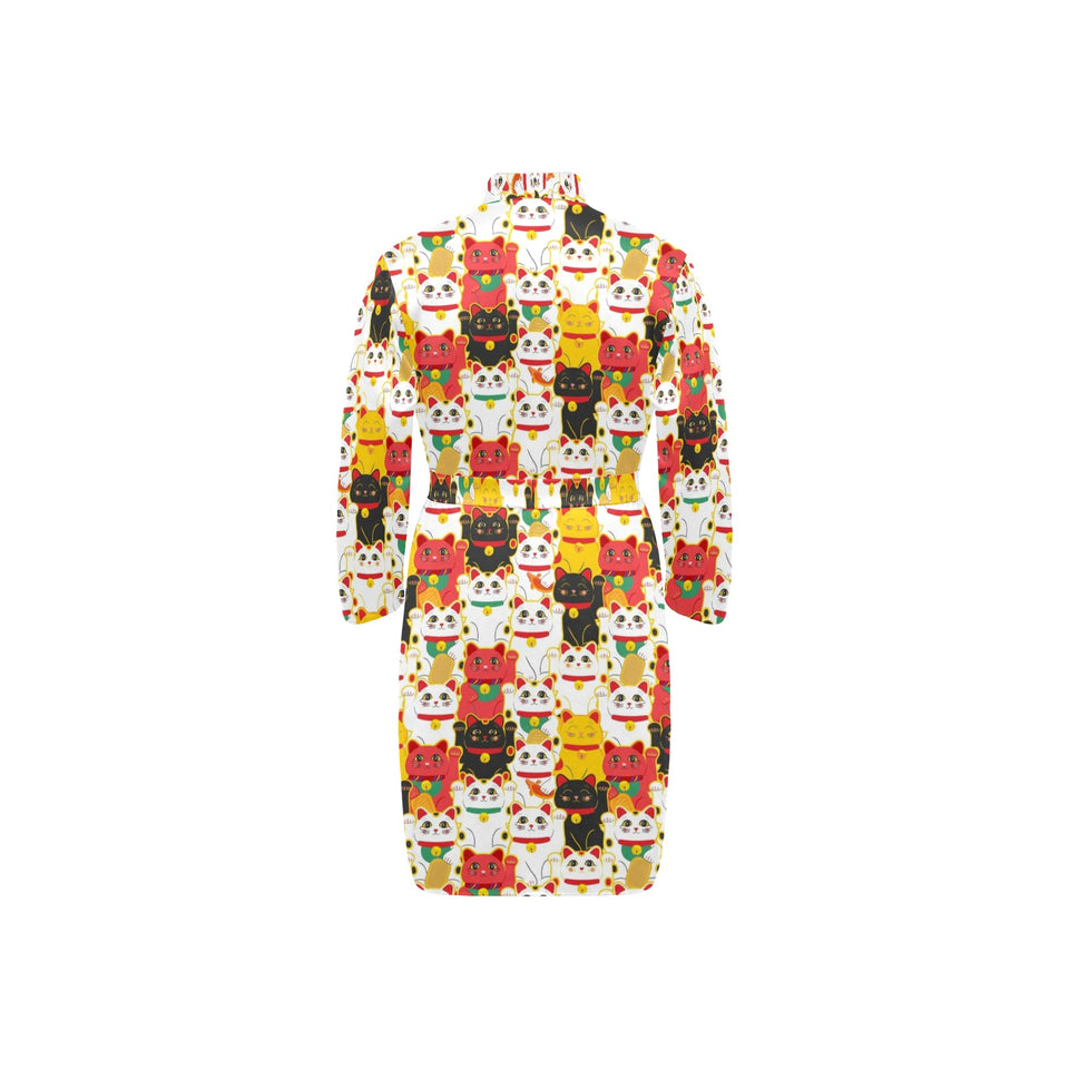 Colorful Maneki neko cat pattern Men's Long Sleeve Belted Night Robe