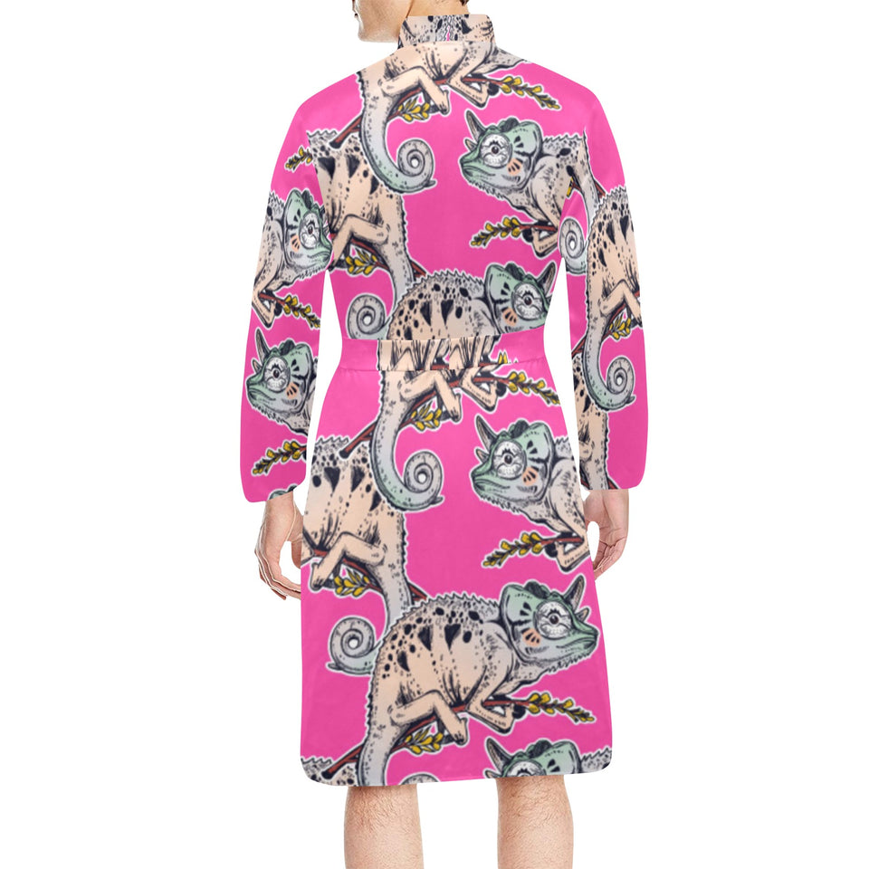 Chameleon lizard pattern pink background Men's Long Sleeve Belted Night Robe
