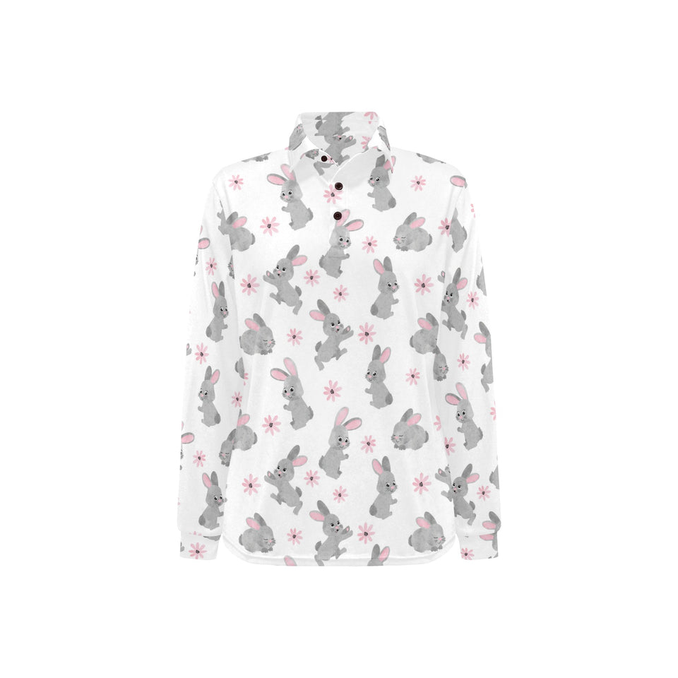 Watercolor cute rabbit pattern Women's Long Sleeve Polo Shirt