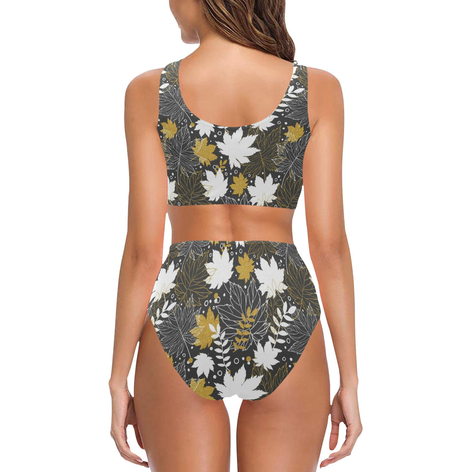 Beautiful gold autumn maple leaf pattern Chest Bowknot High Waisted Bikini Swimsuit