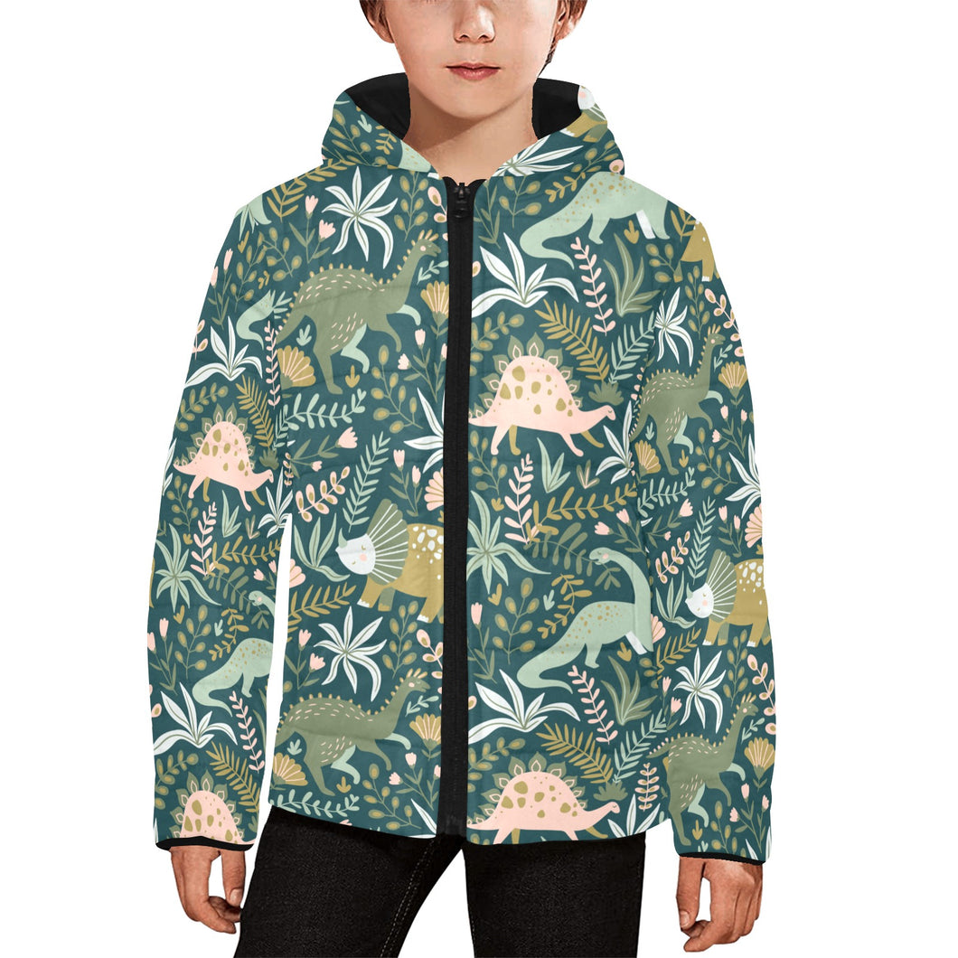 dinosaurs tropical leaves flower pattern Kids' Boys' Girls' Padded Hooded Jacket