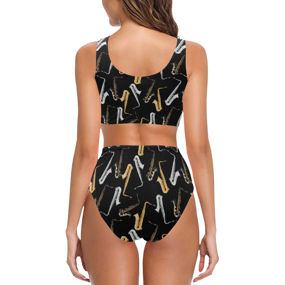 saxophone design pattern Chest Bowknot High Waisted Bikini Swimsuit