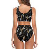 saxophone design pattern Chest Bowknot High Waisted Bikini Swimsuit