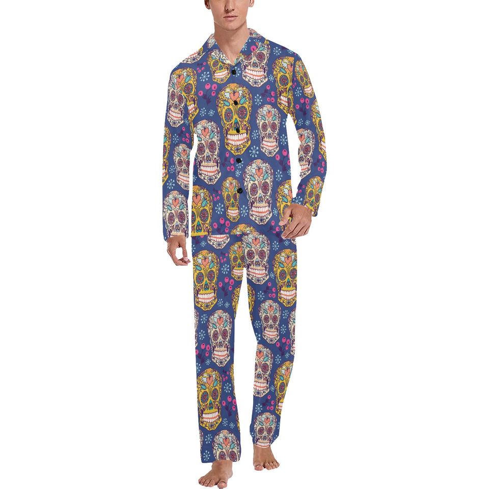 Sugar skull flower pattern Men's Long Pajama Set