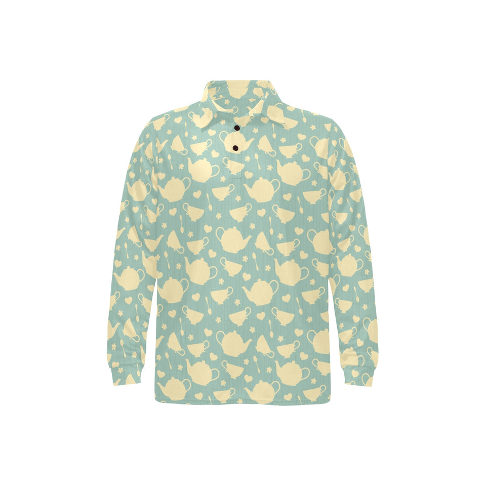 Tea pots Pattern Print Design 02 Men's Long Sleeve Polo Shirt