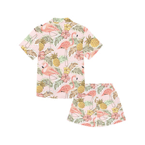 Pink flamingo birds pineapples hibiscus flower pat Kids' Boys' Girls' V-Neck Short Pajama Set