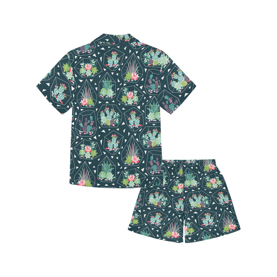 Cactus glass terrarium pattern Kids' Boys' Girls' V-Neck Short Pajama Set