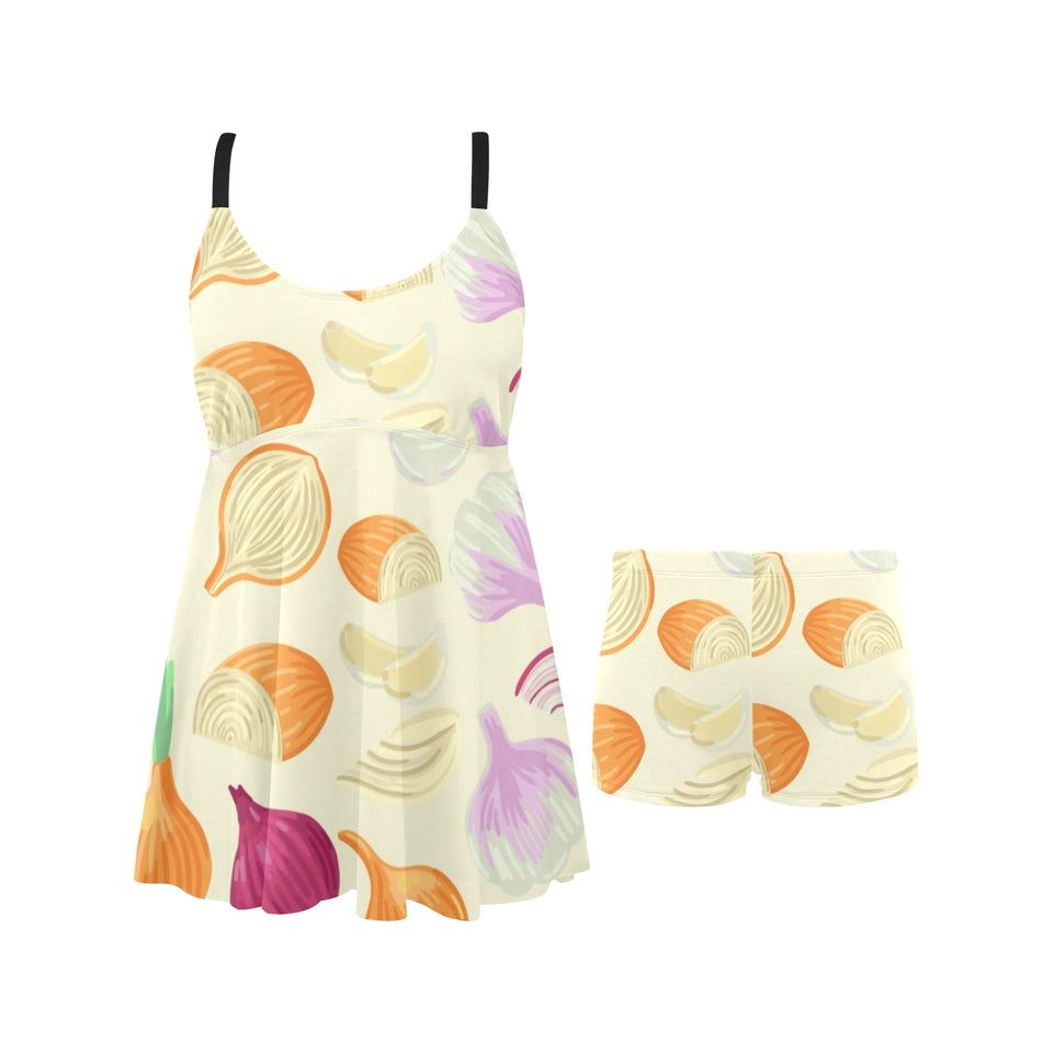 Onion garlic white red pattern Chest Sexy Pleated Two Piece Swim Dress